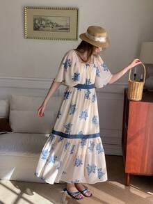 DAZY 少女印花方领荷叶袖撞色蕾丝收腰度假沙滩连衣裙，夏季