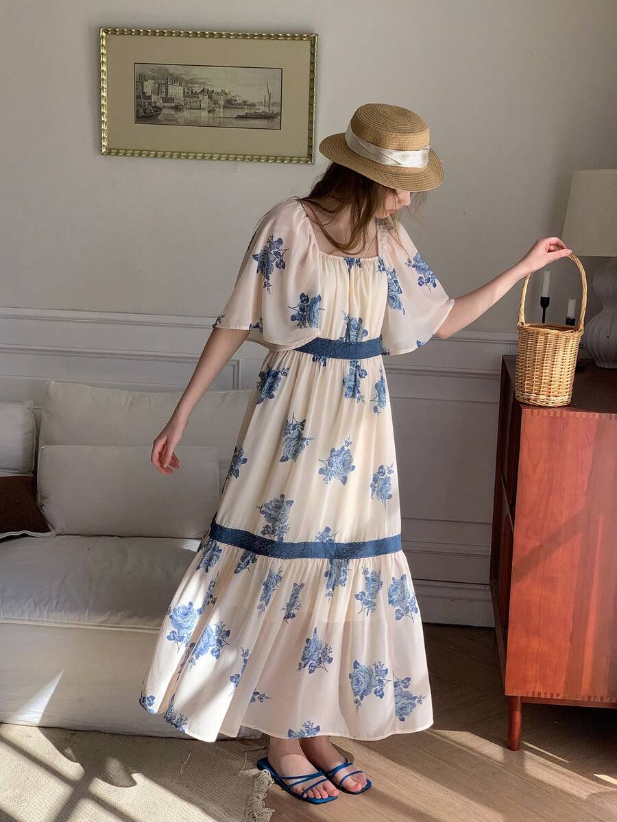 DAZY 少女印花方领荷叶袖撞色蕾丝收腰度假沙滩连衣裙，夏季