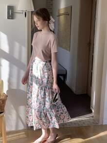 DAZY Teen Girl Solid Color Round Neck Short Sleeve T-Shirt And Floral Print Ruffle Hem Mini Skirt Set Spring Summer - Khaki - View 1