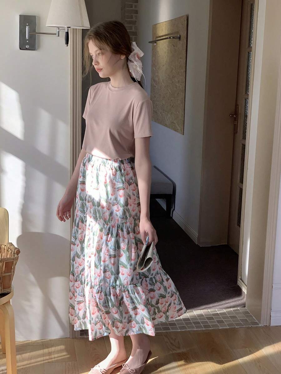 DAZY Teen Girl Solid Color Round Neck Short Sleeve T-Shirt And Floral Print Ruffle Hem Mini Skirt Set Spring Summer - Khaki - View 1