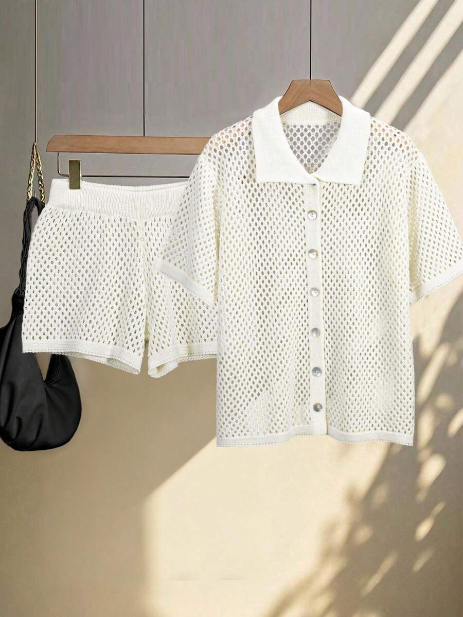 Franclia Women's Basic Minimalist Hollow Out Fashion Commute Collared Sweater Set With Shorts - Beige - View 1