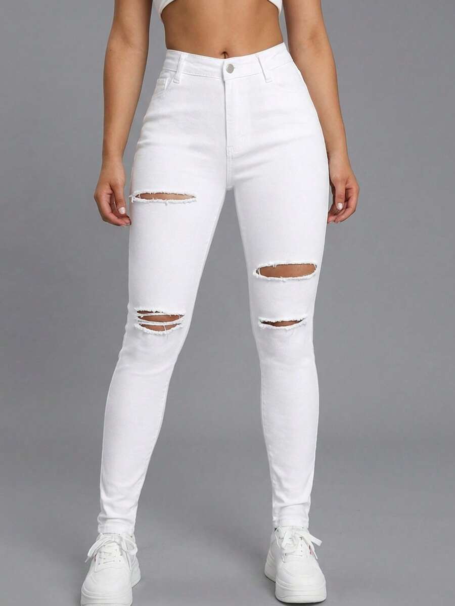 Rivivi 黑色斜插口袋破洞紧身牛仔裤 白色牛仔裤 女士高腰牛仔裤 女士破洞牛仔裤 - 白色 - 查看 1