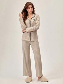 Loomlin Women's Contrast Color Piping Plaid Print Ribbed Long Sleeve Top & Pants Pajama Set - Apricot - View 4