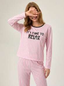 Loomlin Cotton 2Pcs  Striped&Slogan Printed Long Sleeve Shirt And Striped Long Bottom Lounge Set - Pink - View 5