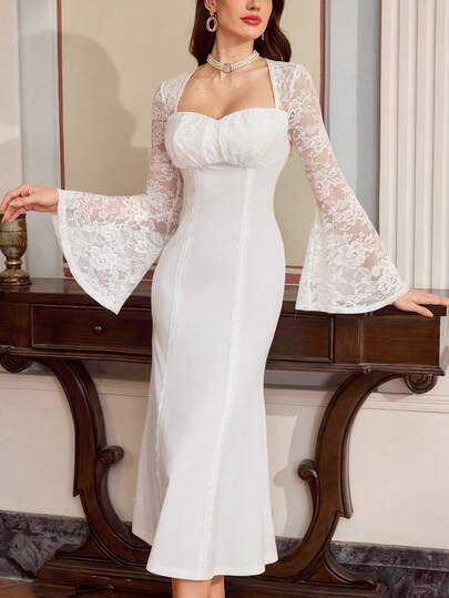 Vintamour 复古优雅女士连衣裙，蕾丝拼接荷叶边抹胸连衣裙，喇叭袖修身连衣裙