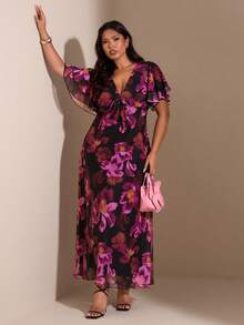SHEIN BAE Plus Size Women Purple Floral Ruffle Sleeve Dress,Christmas,Dresses For Woman	,Christmas Outfit Women,Christmas Party Dress,Thanksgiving Outfit Women,Sexy Dress,Dresses For Ladies,Formal Dress Plus Size,Curves Women Clothing,Christmas Outfit Women,Wedding Guest Dress ,Summer,Women's New Year's Eve Dresses,Elegant Dresses For Party,Graduation ,Vacation,Birthday Party Dress,Cocktail Party Dress,Purple Dress,Winter ,Spring,Summer,Christmas ,New Year,Party ,Elegant,Casual Dresses For Women,Vacation Outfits Women ,Valentine's Day,Wedding, Birthday, Formal,Wedding, Birthday, Formal, Floral Dress Women Elegant, Women Vacation Dress, Long Dresses - Purple - View 1