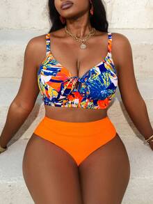 Slaydiva Plus Size Women 2pcs Tropical Print Bikini Set, Casual Beach Holiday Swimwear - Multicolor - View 7