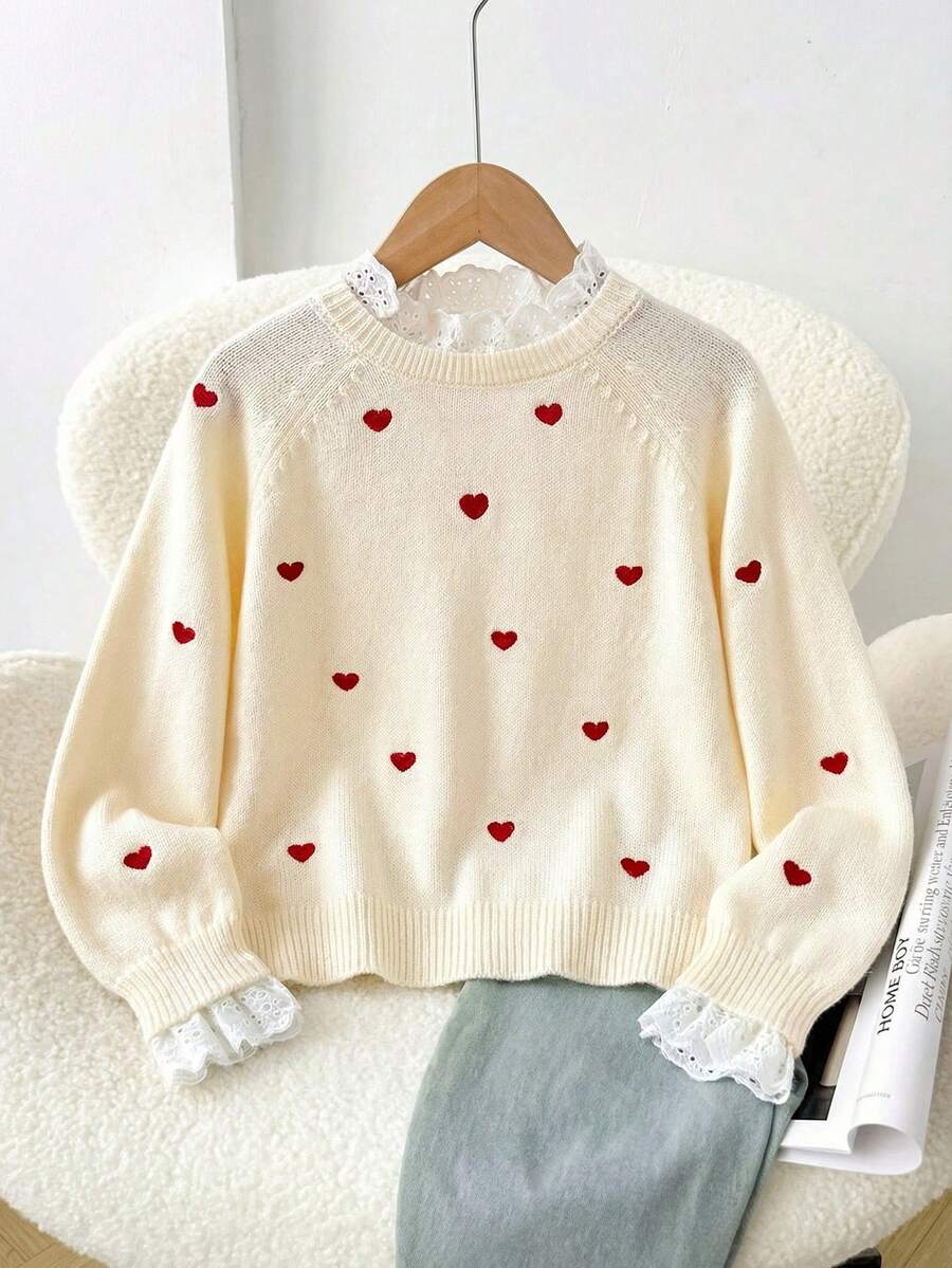 SHEIN Tween Girl Casual Pullover Sweater, Elegant Embroidered Lace Trim Heart Embroidery Loose Raglan Sleeve Pullover Sweater, Soft Comfortable Thick In Fall/Winter - Apricot - View 1