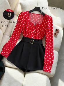 Franclia 女士露肩红色底白色爱心印花长袖衬衫配黑色短裤，两件套，春秋季 - 紅白色 - 查看 1