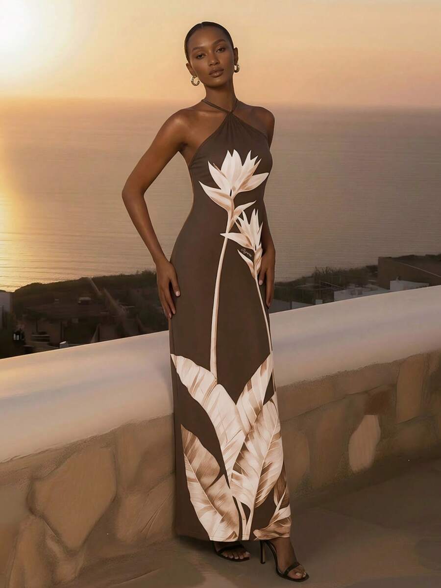 CAJUNI 女士印花露背度假连衣裙 - 棕色 - 查看 1