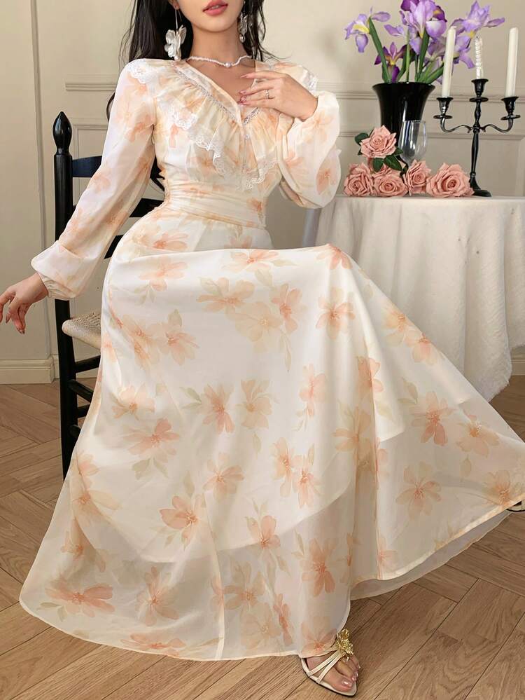 Spring & Summer Hollow Lace Patchwork Ruffle Hem Ditsy Floral Chiffon Dress, Elegant Casual Vacation Beach Wedding Party Midi Dress With Waist Tie Wedding Guest Dress Sundress