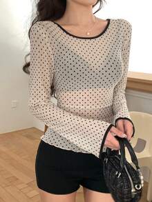 FRIFUL Women's Sheer Polka Dot Mesh Layered U-Neck Backless Slit Sleeve Slim Fit Blouse, Suitable For Spring - Beige - View 2