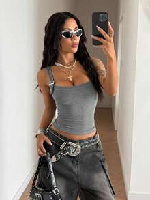 StreetHx Petite Women's Fashionable Grey Metallic Button Knit Tank Top - Grey - View 3