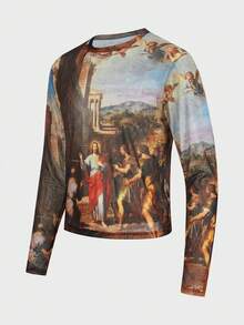 FeverCity Men's Casual Portrait Graphic Round Neck Long Sleeve T-Shirt, Autumn Long Sleeve Tops Graphic Religious Shirt Art Shirt - Multicolor - View 3