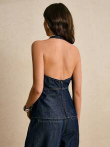 Poéselle 女士纯色露背休闲吊带牛仔上衣 女士背心 女士上衣和衬衫 女士职业装 女士夏季连体裤 女士牛仔裤 女士休闲装 女士度假套装 女士服装套装 - 深色水洗藍 - 查看 3