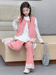 DAZY Tween Girl Round Neck Single-Breasted Lace Sleeveless Top And Wide-Leg Jeans Casual Daily Outfit - Dusty Pink - View 4