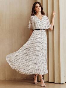 Anewsta Đầm đen chấm bi cổ chữ V thanh lịch kiểu vintage dành cho nữ - trắng - Xem 1