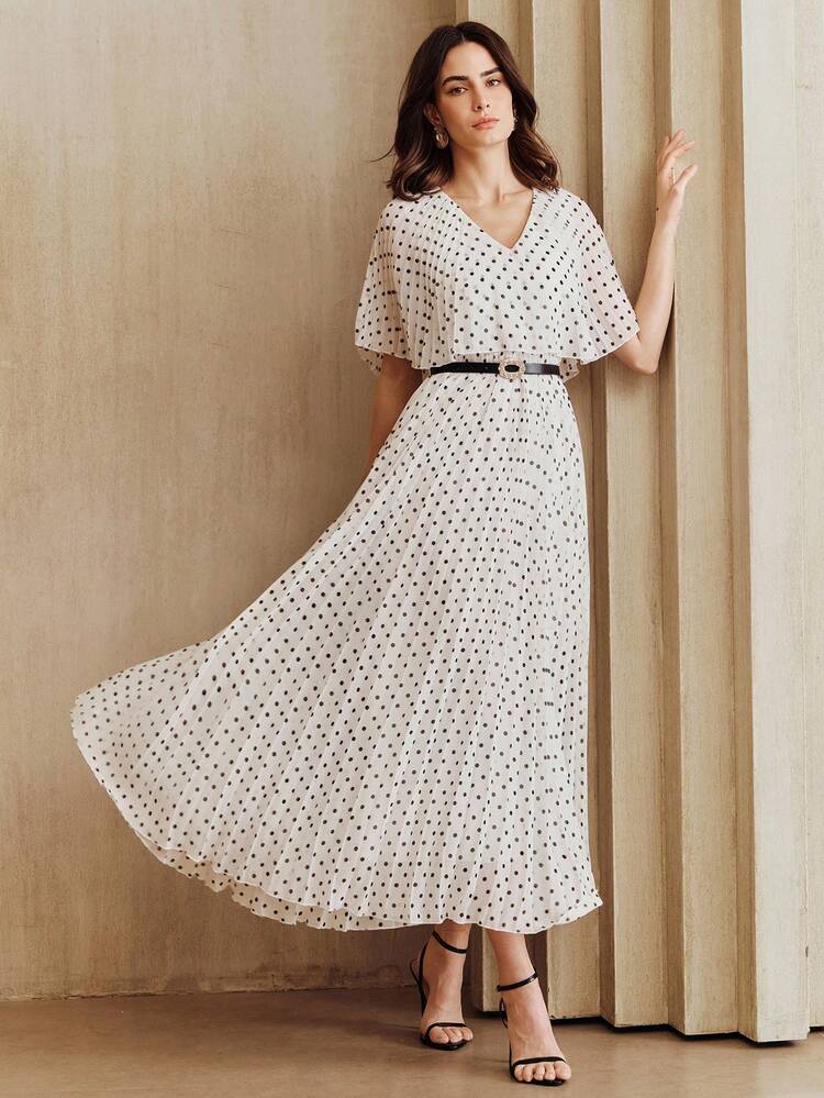 Anewsta Elegant Vintage V-Neck Black Polka Dot Dress For Women - White - View 1