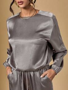 Briarwyn Autumn 2pcs Women Solid Color Satin Round Neck Top And Wide Leg Pants With Slant Pockets Set Party Night Light Grey Elegant Office Dinner Bar Party - Grey - View 7