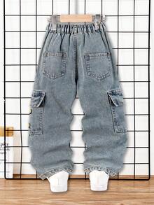 Young BoyCasual Loose Fit Straight Leg Contrast Stitching Cargo Jeans - Medium Wash - View 2