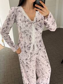 DAZY Tie-Dye Pattern Allover Print Lace Trim Patchwork Women Pajama Set - Dusty Pink - View 5