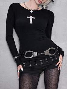 ROMWE Avant Y2K Punk Cross Rivet Design Fitted Long Sleeve Solid Color Versatile Women T-Shirt, Plus Size - Black - View 5