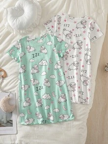 2pcs Young Girl Pajamas Set, Featuring Sheep & Moon Prints, Lightweight & Soft, Simple & Comfortable Design, Stretchy & Machine Washable (Sold Separately) - Multicolor - View 2