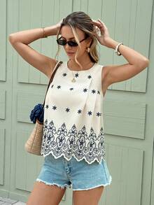 Serisse Áo nữ dáng rộng xếp ly in hoa, không tay, phong cách nghỉ hè, áo kiểu bohemian cổ tròn không tay dáng rộng cho kỳ nghỉ hè. - Màu be - Xem 3