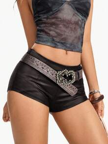 Jeanoix Pantalones cortos de mujer de unicolor con talle bajo, de moda y sexy, para verano - Café integral - Ver 7