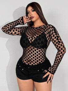 Whyspr Áo dài tay cổ tròn khoét eo gợi cảm dành cho nữ cỡ lớn, thích hợp cho mùa hè. - màu đen - Xem 4