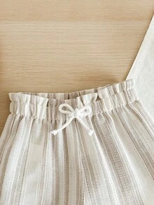 SHEIN Babygirl Vacation Casual Cute Apricot Versatile Striped Elastic Waist Shorts - Apricot - View 5