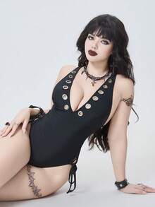 ROMWE Goth 女士哥特式深V系带连体泳衣，金属银色和黑色 - 黑色 - 查看 4