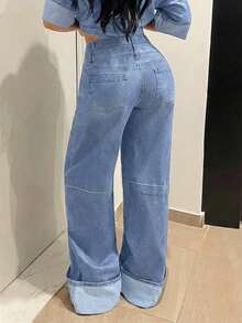 SHEIN Unity 女士休闲水洗双腰牛仔裤 - 中等水洗藍 - 查看 2