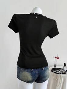 Elamini French Retro Plaid Contrast Lace Trim Square Neck Short Sleeve Fitted T-Shirt, Sweet & Spicy Design, Spring/Summer - Black - View 2