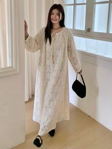 Dazy Plus Plus Size Solid Color Hollow Out Round Neck Long Sleeve Dress Maxi Dress Sundress Vacation Outfits Women - Apricot - View 8