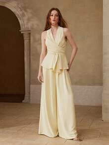 MOTF PREMIUM 女士无袖系带露背荷叶边上衣和阔腿裤两件套，休闲约会装，春夏款 - 淡黃色 - 查看 1