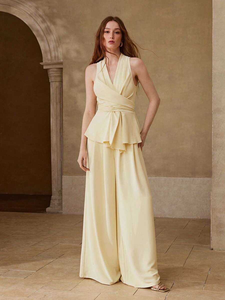 MOTF PREMIUM 女士无袖系带露背荷叶边上衣和阔腿裤两件套，休闲约会装，春夏款 - 淡黃色 - 查看 1