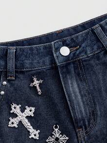 ROMWE Grunge Punk Women's Summer Fashion Street Punk Style Cross Rivet Decor Denim Mini Skirt - Dark Wash - View 3