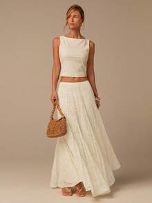 COSMINA Women's Elegant Lace Pleated Long Skirt, Versatile For Commute, Office, Boho, Vacation, Date, Wedding Guest - Apricot - View 3