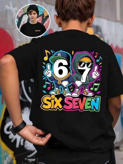 SHEIN Streecool Kids Spring And Summer Clothes: Tween Boys' Casual Fashion Creative Personalized Refreshing High-End Minimalist Numeric 67 Cartoon Cool Character Music Graphic Letter Slogan Print Casual Basic Short T-Shirt, Comfortable Daily Wear Cozy Summer And Fall Styles: Tween Boys' Atmosphere-Inspired Outfits Suitable For Spring, Summer, Autumn Seasons, Tops