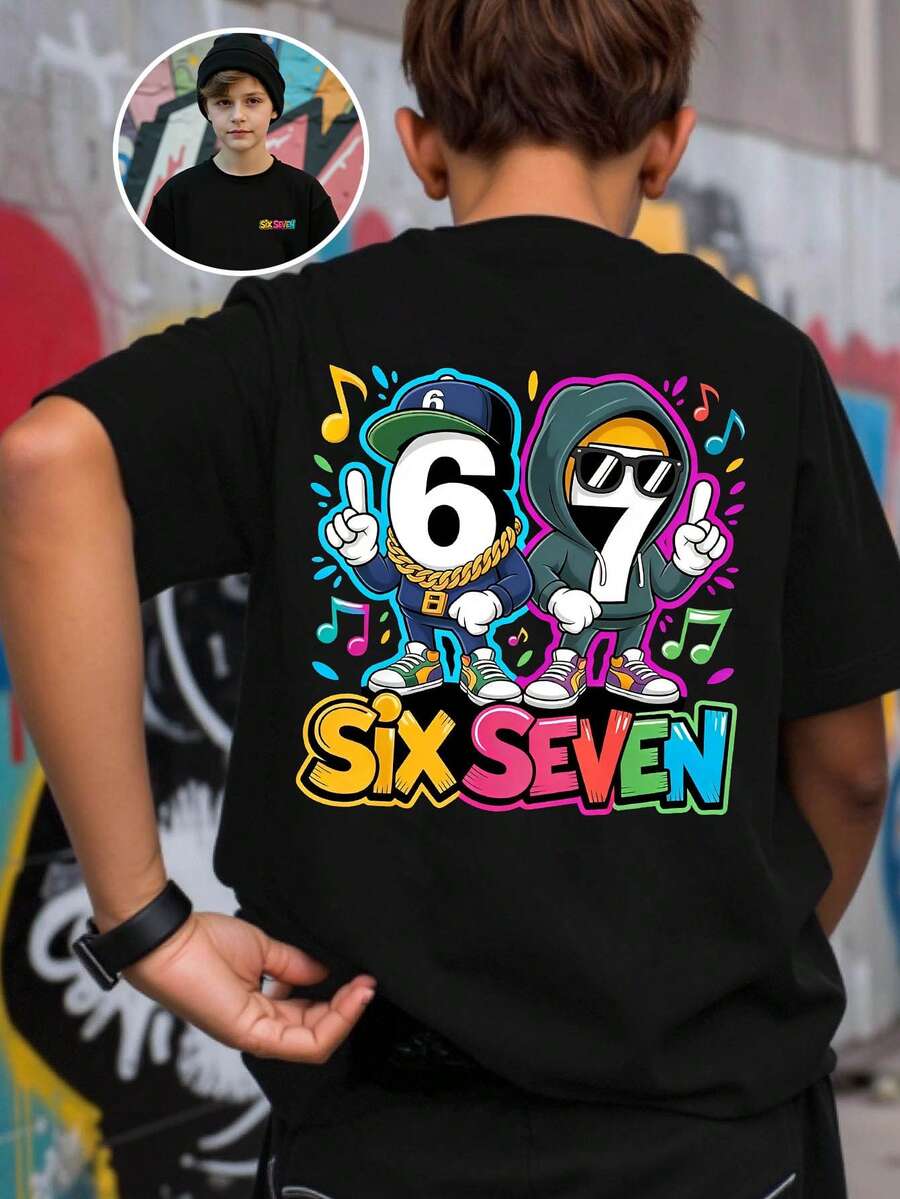 SHEIN Explorewe Áo thun ngắn tay cơ bản cho bé trai tuổi teen, phong cách mùa xuân và hè: Sáng tạo, cá tính, tươi mới, tối giản, in hình số 67 hoạt hình nhân vật ngộ nghĩnh, âm nhạc, chữ cái và khẩu hiệu. Thoải mái khi mặc hàng ngày, ấm áp cho mùa hè và thu. Lấy cảm hứng từ thiên nhiên, phù hợp cho mùa xuân, hè và thu. - màu đen - Xem 1
