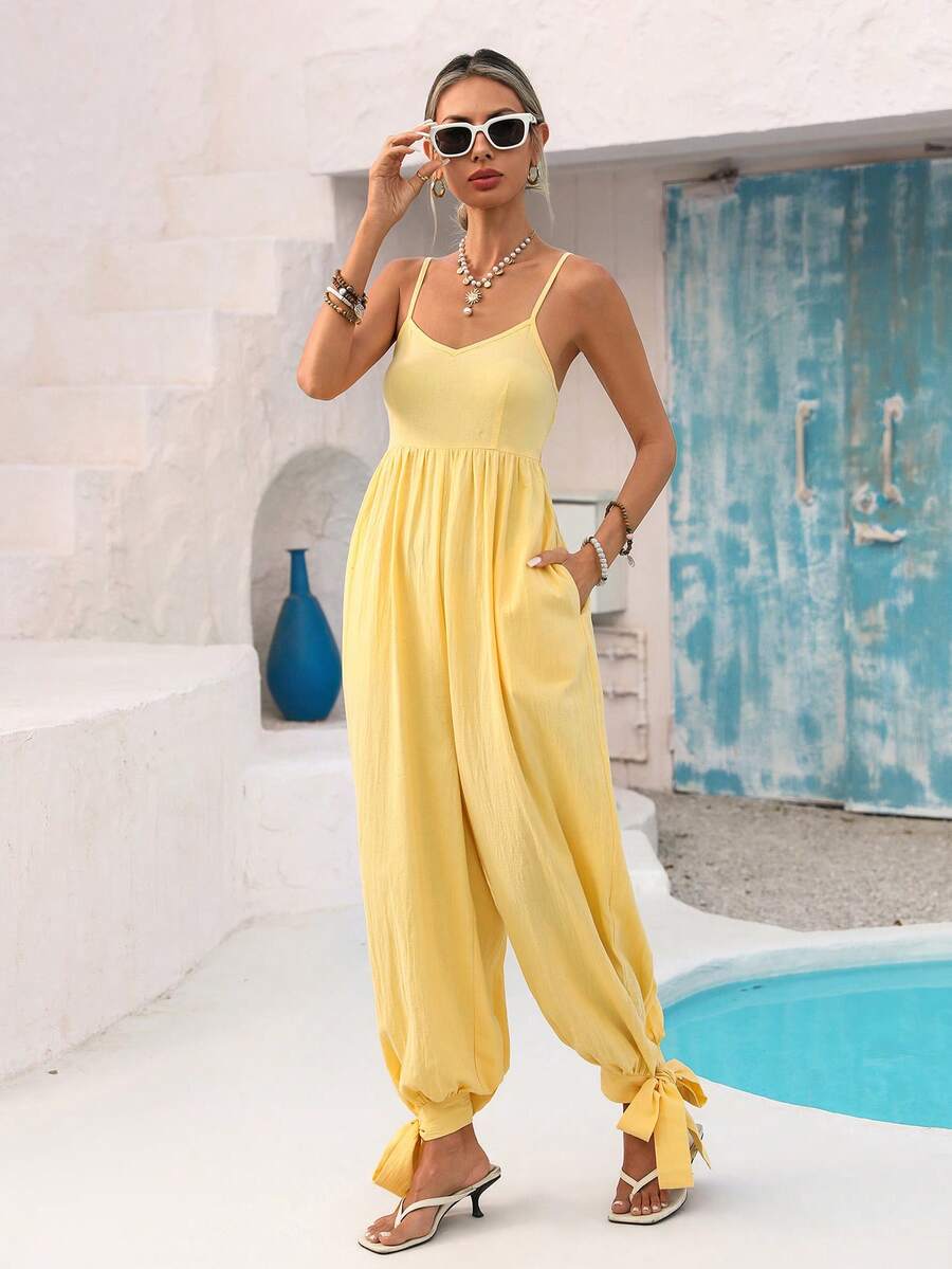 Vivid Eden 女士宽松休闲连体裤，系带袖口，纹理面料，适合户外、度假、春夏穿着 - 黃色 - 查看 1