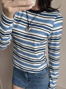 Livesso 女士休闲圆领条纹T恤，秋季款 - 藍色 - 查看 4
