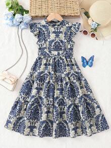 SHEIN Young Girl Ditsy Floral Sleeveless Ruffle Collar Chiffon Dress - Blue - View 6