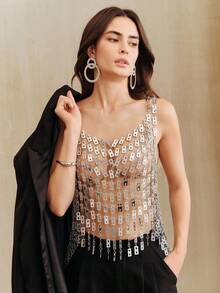 Anewsta 艺术派对金属链编织多色搭扣镂空装饰派对个性化吊带背心 - 銀色 - 查看 1