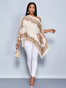 SOLERSUN 女士单肩披肩，不对称下摆，佩斯利花纹，海岛风情，音乐节，春夏衬衫。 - 杏色 - 查看 7