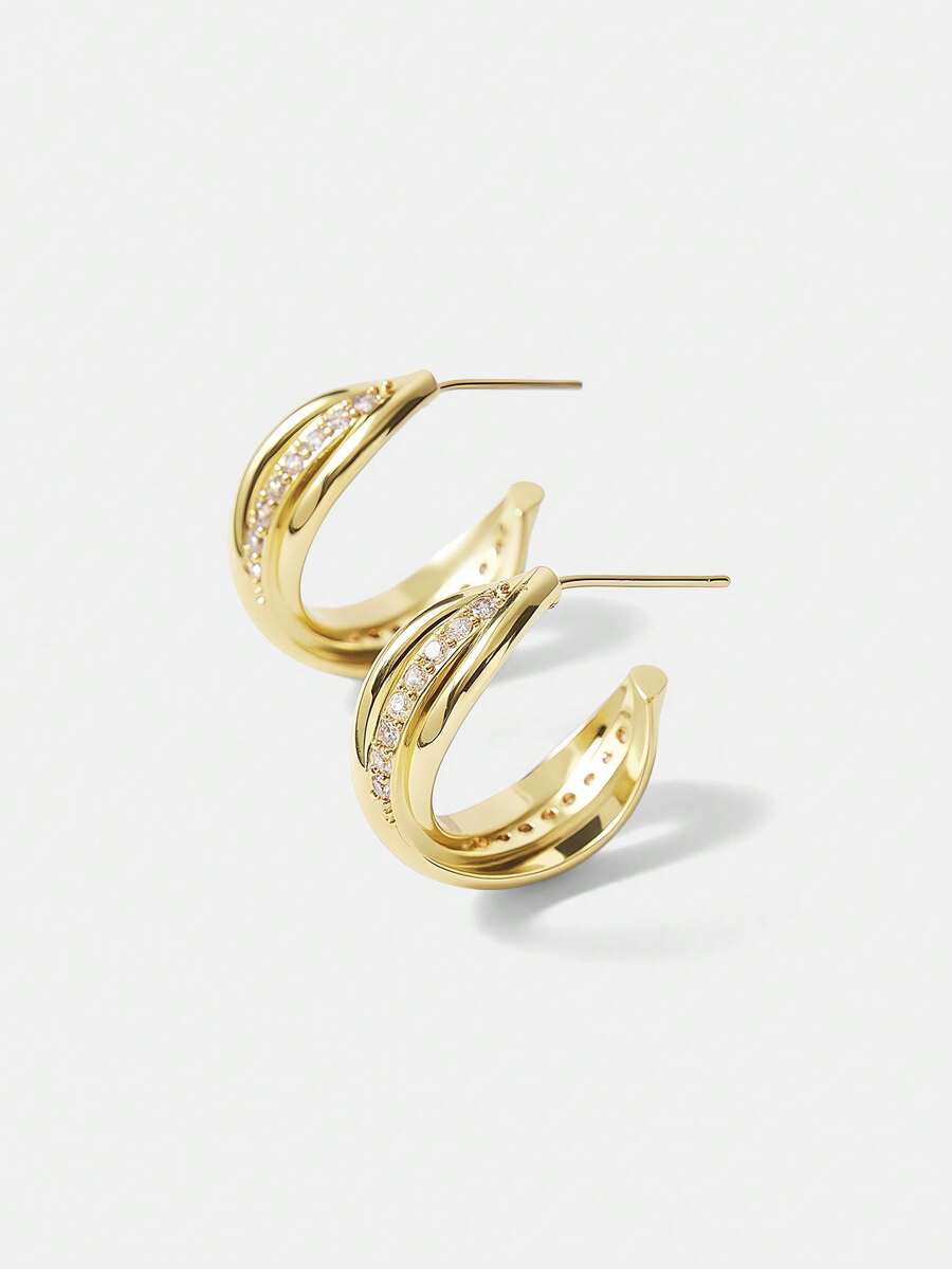 MOTF PREMIUM 18K镀金立方氧化锆简约优雅圈形耳环 - 金黃色 - 查看 2