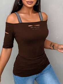 EMERY ROSE Áo thun nữ màu nâu cà phê trơn, chất liệu polyester, kiểu dáng thường ngày, không dây vai, tay lỡ, khoét eo, dài vừa phải. - Cà phê nâu - Xem 3