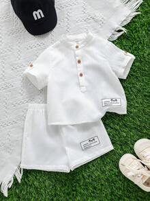 SHEIN 2 Stücke Baby Jungen Lässig Süß Urlaubsstil Weiß Kurzarm Hemd und Shorts Set, geeignet für Frühling/Sommer - Weiss - Übersicht 8