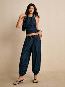 Poéselle Women's Casual Daily Commute Low Waist Side Pockets Tapered Leg Jeans - Dark Wash - View 7